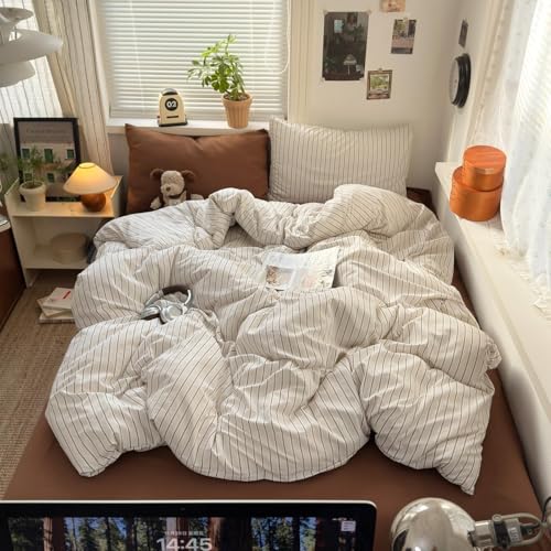 Image of Striped Duvet Cover Full Size Brown Blue Stripes Bedding Set Tan Vintage Striped Geometric Duvet Cover Set Soft Lightweight Microfiber Quilt Cover with Zipper Closure and 2 Pillowcases