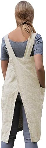 Miniatura 5 de Larmliss Delantal tipo pinafore cuadrado para mujer, para hornear, cocinar, jardinería, con espalda cruzada, mezcla de algodónlino, con 2 bolsillos