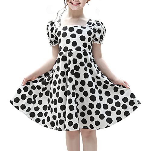 Sunny Fashion Girls Dress White Polka Dot Square Neck Button Puff Sleeve Vintage