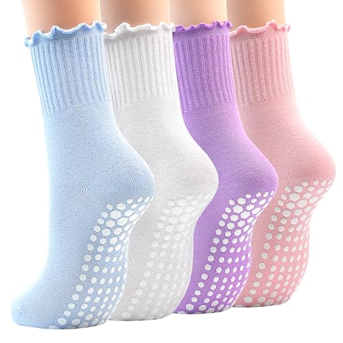 GRPSKCOS Non Slip Yoga Socks 4 Pairs Women Pilates Grip Socks for Yoga Barre Home Workout Hospital Size 5-8