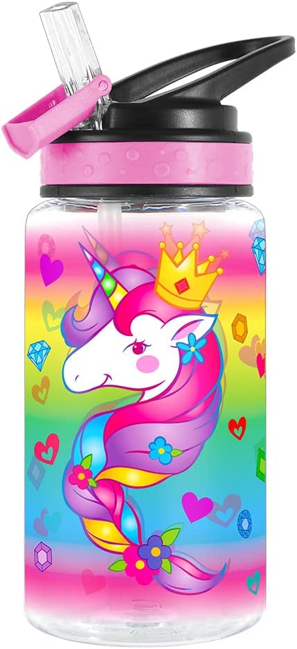 Home Tune 15oz Water Bottle for Kids Girls Boys School, BPA Free, Leak Proof Flip Straw, Carry Loop, Easy Clean – Unicorn