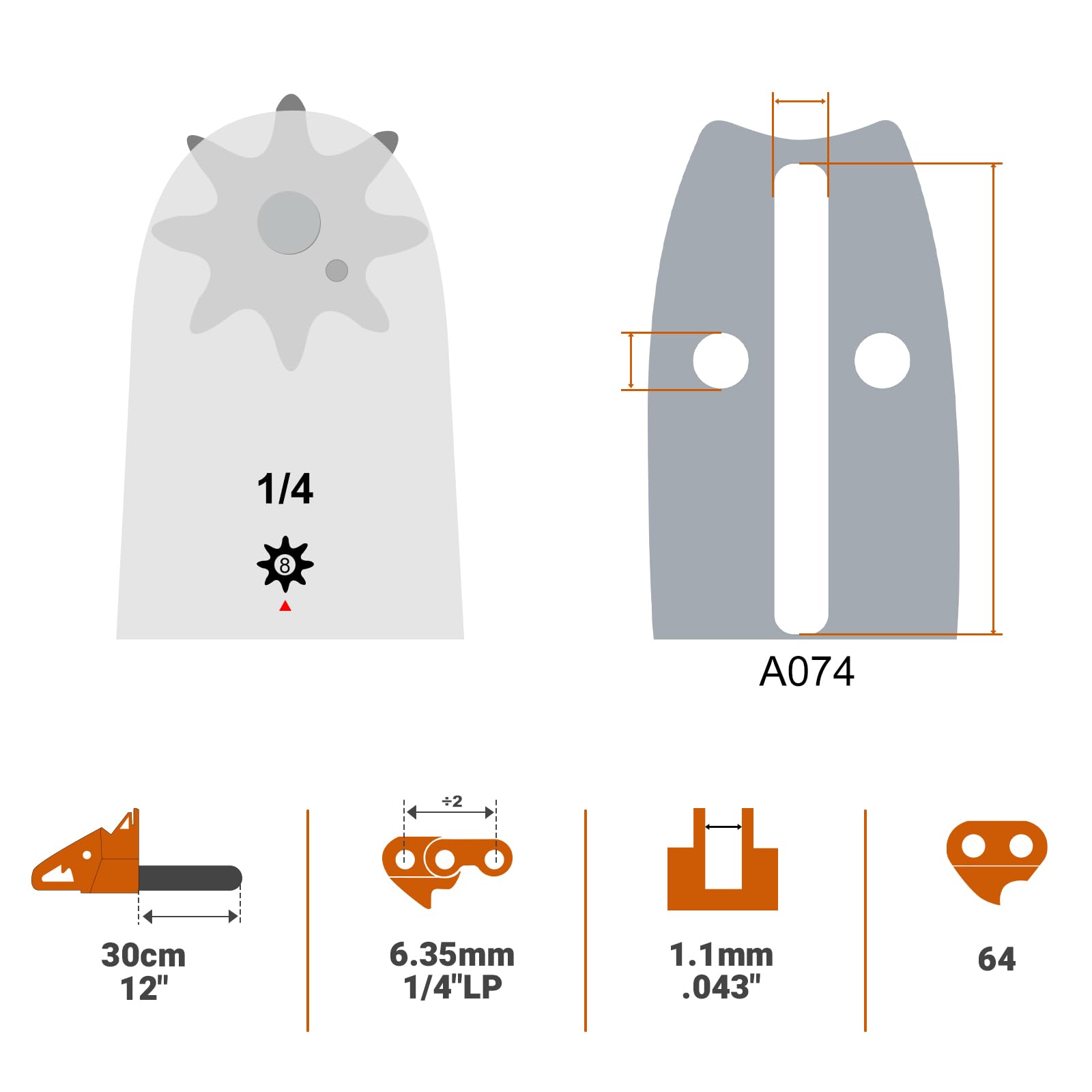 SAVIOR Confezione da 2 catene per motoseghe da 30 cm per motoseghe e protezione spada per Stihl 30050083405/36700000064, catena di ricambio 1/4" LP 1,1 mm, 64 maglie di trazione