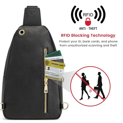 Image of Kattee Sling Bag for Women, Leather Crossbody Bag for Travel, Black | Top Grain Pebbled Leather. RFID back pocket, small chest bag fit 6.9-inch phone, fanny pack with adjustable strap.