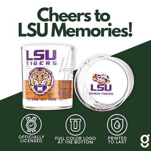 Image of Greenline Goods LSU Louisiana State University Tigers Whiskey Glasses Set of 2, 10 oz Rocks Glasses with Full-Color Logo & Campus Map - Officially Licensed Bourbon Glass Gift for Alumni & Fans