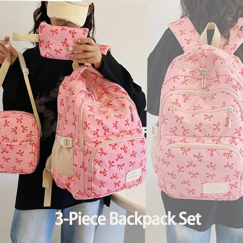 Bow Backpack 3pcs Set Coquette Nylon Backpack for Travel Daily Use, Cute Kawaii Backpack Set (pink)2