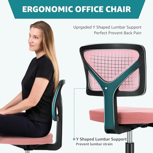 Image of OLIXIS Armless Office Chair, Ergonomic Desk Chair with Wheels, Mesh Back, Removable Washable Foam Cushion, Height Adjustable Rolling Swivel Chairs for Small Space, Home, Office, Pink
