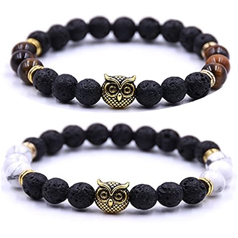 JOYA GIFT Couples His and Hers Bracelets Owl Charm Howlite Beaded Bracelets Set Cover