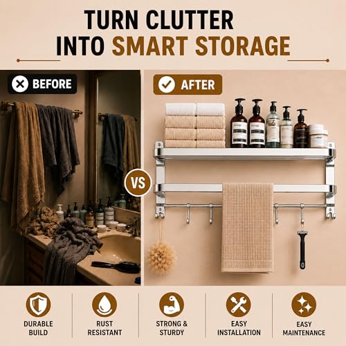 Image of Towel Rack for Bathroom 24 Inch Stainless Steel | Dual Folding Towel Holder Wall Mounted | Foldable Towel Stand, Towel Hanger, Bathroom Accessories for Home & Kitchen