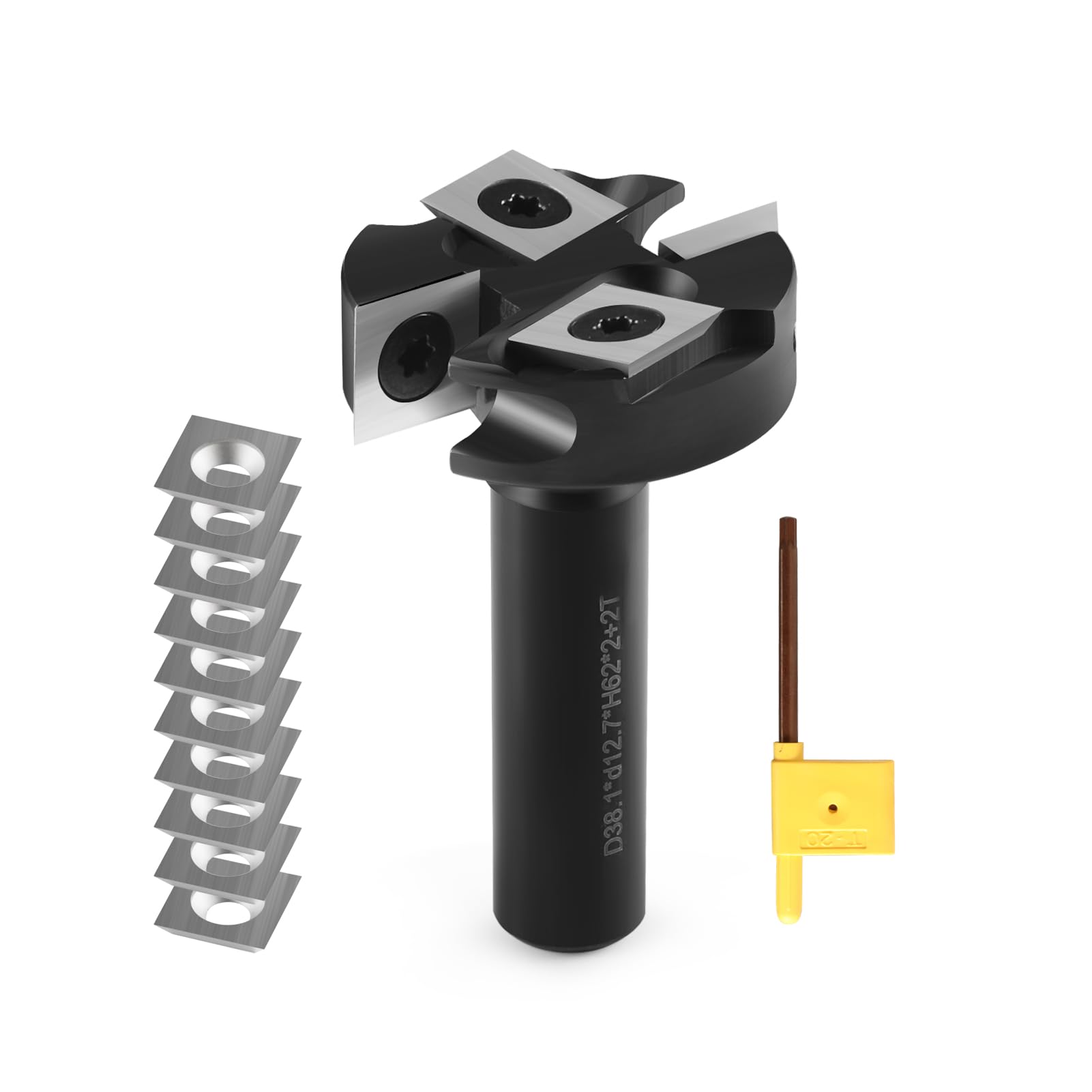 Punta per fresatrice CNC per superfici con codolo da 1/2", diametro di taglio 3,8 cm, 2+2 scanalature, inserti in carburo per pialla in legno di carburo, con 10 inserti indicizzabili (12 x 12