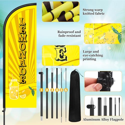 Image of Remagr 2 Pack Lemonade Feather Flag 7 ft Advertising Swooper Flag Sign Windless Lemonade Banner with Pole Kit and Ground Stake for Businesses Restaurants Outside Ground(Yellow)
