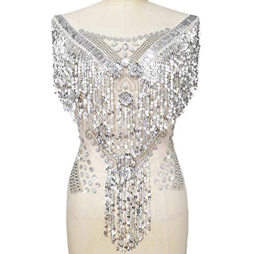 succi shan Shiny Handmade Beading Cristal Patch Sew on Tassel Rhinestone Applique on Mesh Trim for Bridal Gown Wedding Dresses (Silver, 38x64cm)