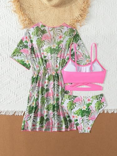 Image of WDIRARA Girl's 3 Piece Swimsuits Tropical Print Criss Cross Bikini Set with Kimono Cover Ups