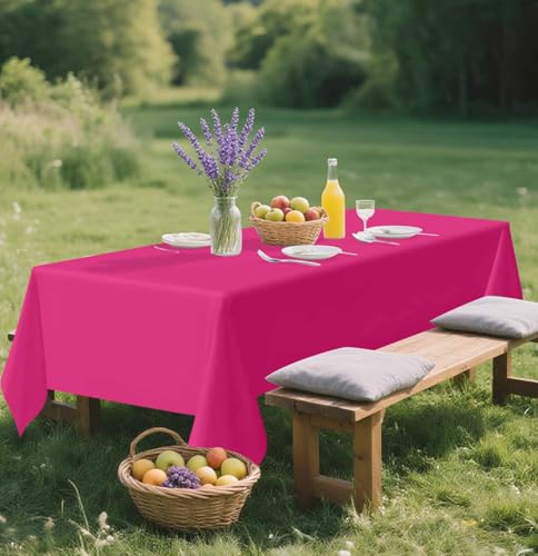 Image of SietDESEO 6 Pack Hot Pink Plastic Tablecloth Rectangle 54 x 108 Premium Disposable Table Cloth Plastic Table Cover for Wedding Baby Shower Party Supplies