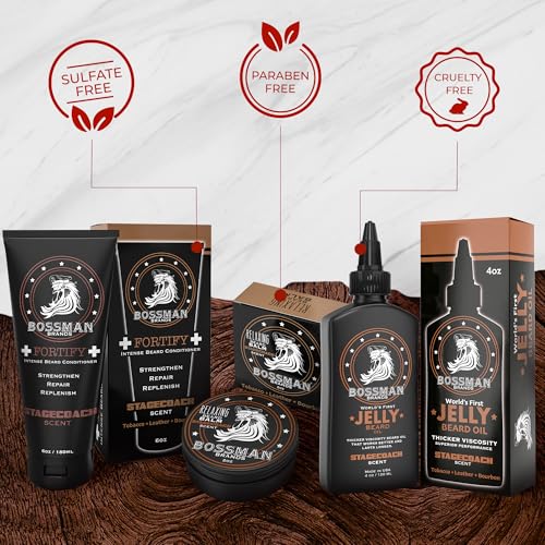 Bossman Essentials Beard Kit for Men + Beard Pomade Bundle (Set of 4, 16 oz in Total) - Oil Jelly, Fortifying Conditioner, Balm, Pomade - Grooming Growth Care Set (Stagecoach) - Image 4
