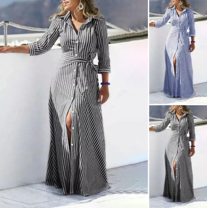 utcoco Women's 2025 Spring Summer Casual Striped Maxi Dress Button Down Shirt Dress with Belt3