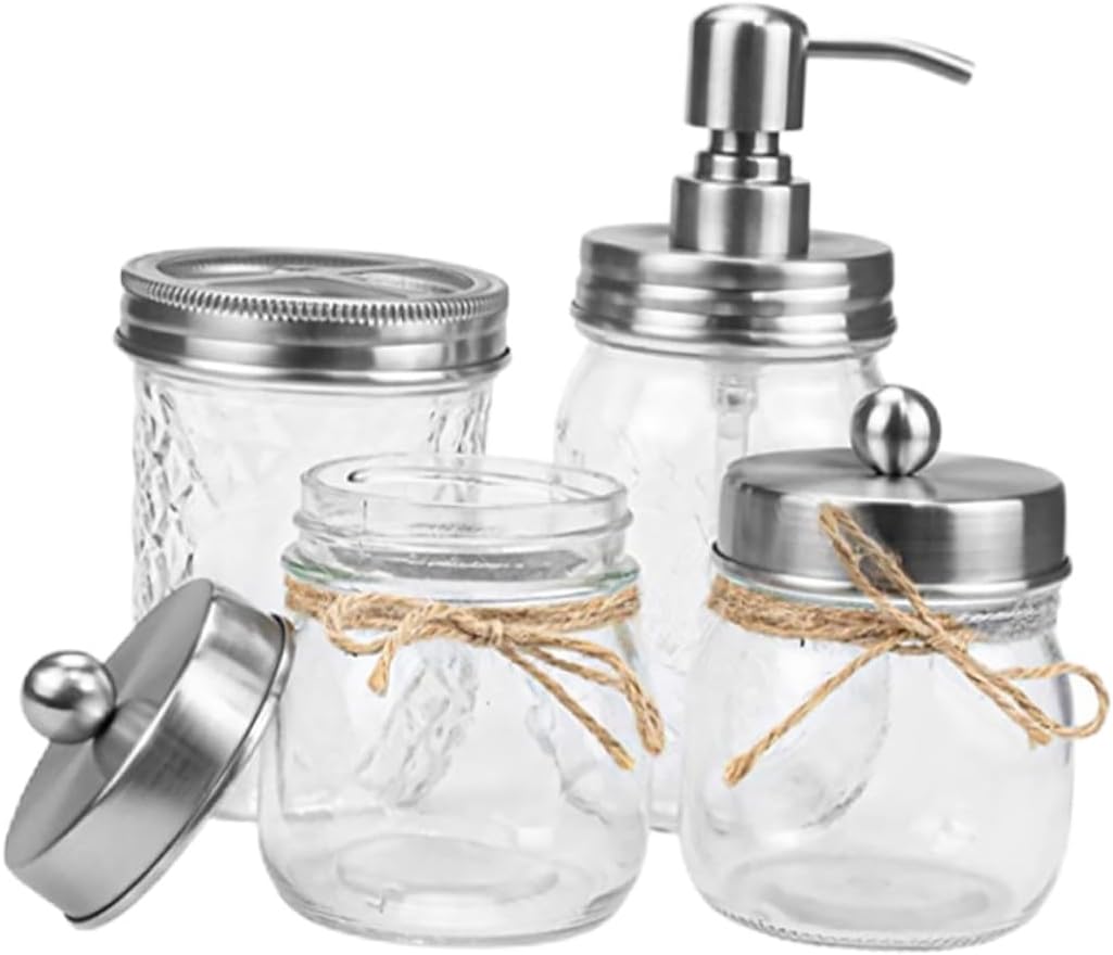 Glass Bathroom Accessory Mason Jar Style with Toothbrush Holder Lotion Dispenser Bottle and Swab Storage Jar for Home Dormitory and Hotel Use Portable Toiletry Organizer