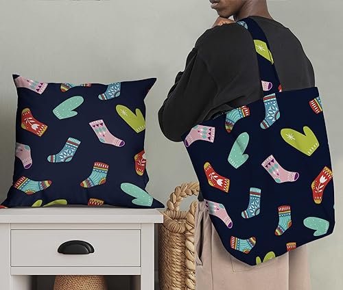 Image of Soimoi Blue Poly Georgette Fabric Socks & Gloves Folk Art Print Fabric by Meter 52 Inch Wide