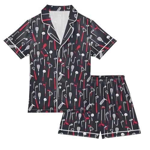 ALAZA Red Golf Glory Satin Pajamas Set Short Sleeve Button Down Sleepwear Summer Pjs 2 Piece