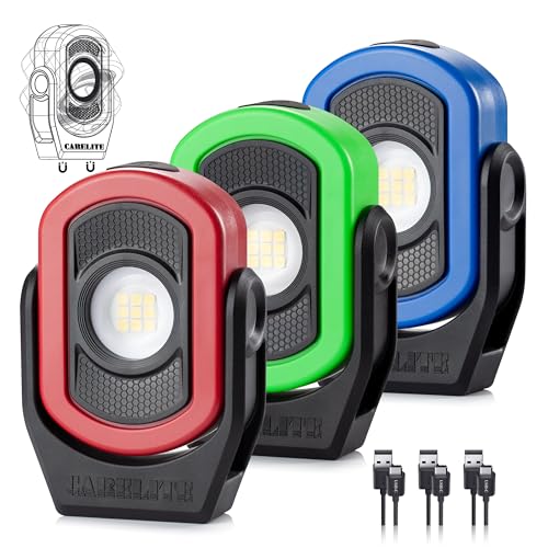 CARELITE Magnetic Work Light 780 Lumen Compact Pocket Light Rechargeable 3000mAh 360 Pivot Durable & Portable for Mechanics & Jobsites (Red Green & Blue 3-Pack)