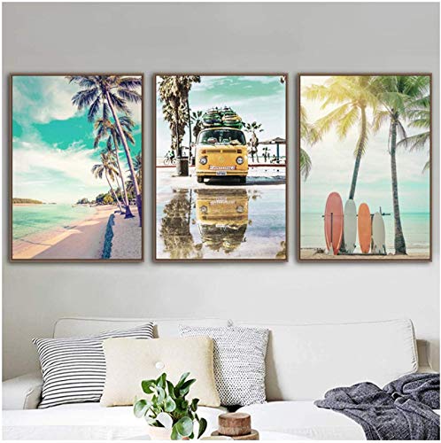 SHPXMBH Peintures sur Toile Plage Palmier cocotier étoile de mer Planche de Surf mer Impression Toile Peinture Nordique Affiche Mur Photos 3 pièces 50x70 cm...
