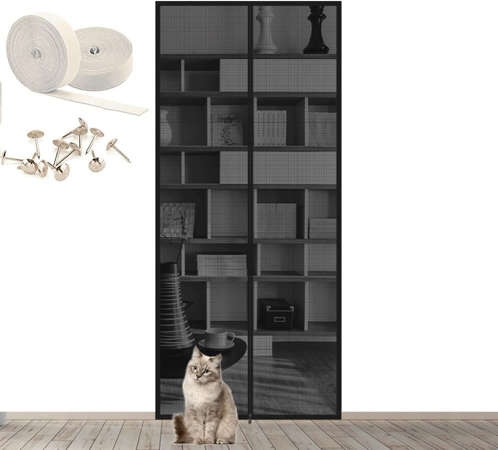 Cat Screen Balcony Door, Thickened Pet For Living Room, Bedroom, Kitchen, Patio, Dog With Zipper(Black,70x200cm)