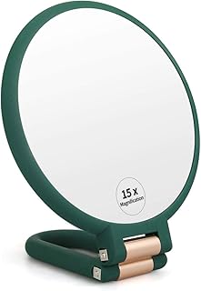 FUHUIM 1x 15x Magnifying Handheld Mirror, Double Sided Pedestal Magnification and True Image Makeup Mirror, Compact Size and Portable Vanity Cosmetic Mirror for Girl, 9.3" L x 1.9" W（Army Green）