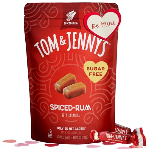 Tom & Jenny's Sugar Free Candy Soft Caramels Individually Wrapped - Sea Salt & Vanilla - Low Net Carb Keto Zero Sugar Candy with Allulose & Maltitol (Spiced Rum Chewy Caramels) 1 Pack