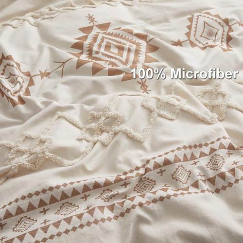 Image of Oli Anderson Boho Duvet Cover Set Queen Size, Beige and Terracotta Color Clash 3 Pieces Microfiber Bedding Set, Durable and Super Soft Duvet Covers with Zipper and Ties, 90 inch*90 inch