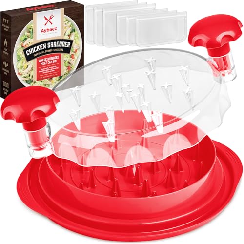Aybeez Red Chicken Shredder + 6 Freezer Bags | 20 oz | Hardened, Anti-Slip Chicken Shredder Tool Twist with See-Through Lid | Safer-than-Knives Meat Shredder Tool Twist | Dishwashable | Chicken Puller