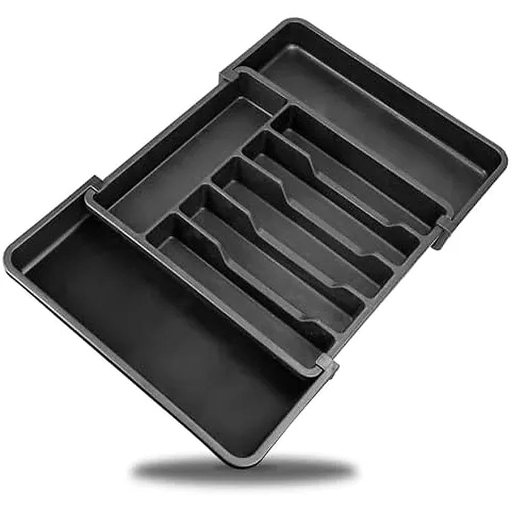Extensible Tableware Tray - Adjustable Drawer Organizer, Suitable For Forks, Spoons And Knives - Plastic Tableware Divider With 8 Compartments - Compact Kitchen Drawer Organizer (Black)