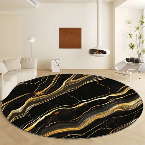 Tapete redondo 4 ft negro oro mármol bajo pelo miniatura 2
