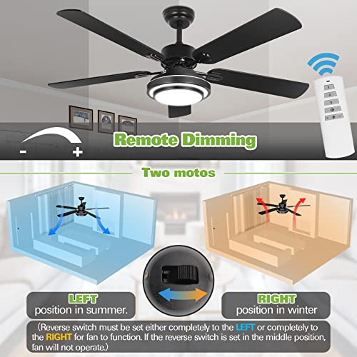 Image of hykolity 52 Inch Ceiling Fans with Lights (Integrated LED) Remote Control, Reversible Motor and Blades, ETL Listed, for Patio Living Room, Bedroom, Office - Black (5-Blades)