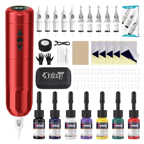 Kit Completo de Máquina de Tatuar Solong Inalámbrica con Pantalla LED y Batería de 1400mAh, Incluye Tinta para Tatuajes, Piel de Práctica y Vendas para Principiantes SL-TKE79AEU-2