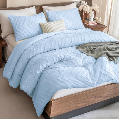 Image of Andency Light Blue Comforter Set Full Size, Boho Soft Warm Tufted Neutral Bedding Comforter Sets for Full Bed, 3 Pieces Aesthetic Chevron Cute Bohemian Textured Bedding Set