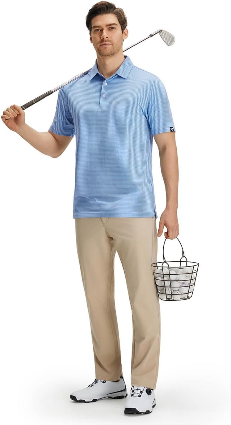 Men' s Golf Shirts Short Sleeve Performance Moisture Wicking Dry Fit Striped Golf Polo Shirts for Men