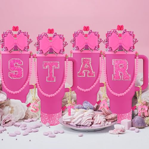 Hpebl 9PCS Hot Pink for Stanley Cup Accessories Set Bling Initials Bow Charms for Stanley Decorations 30/40 Oz Tumbler Accessories Including Bow Straw Topper, Handle Strap, Spill Stopper（Letter A） - image 7