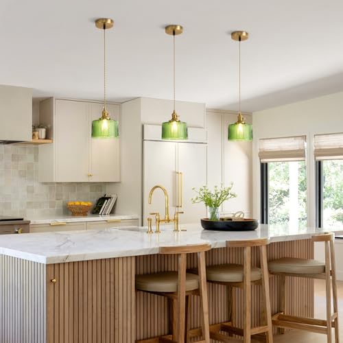 Image of Green Glass Pendant Lights Kitchen Island Lighting | Modern Gold Ribbed Pendant Lighting Adjustable Farmhouse Chandelier Haning Light for Dining Room Bedroom Hallway Entryway