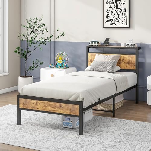 JELUTE Cadre de lit simple avec étagère en bois, tête de lit, structure de lit en métal, pas de sommier Boxspring nécessaire, sans bruit, pied de support renforcé...