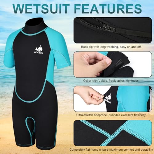 AOOSA Traje de Neopreno para Niños y Niñas, 2.5mm Neopreno Niño con Cremallera Trasera, Traje de Agua para Deportes Acuáticos, Natación, Esnórquel, Surf y Buceo (Azul, XL) - imagen 3