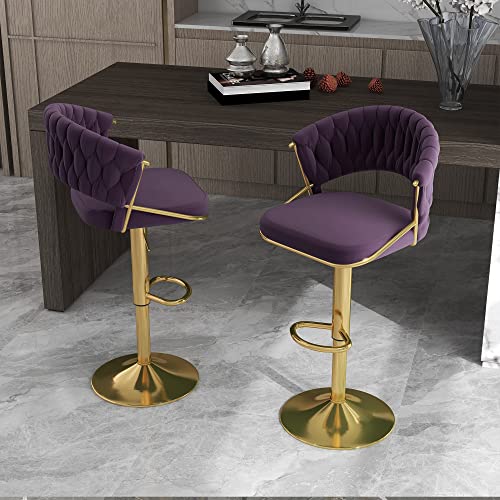 UIXE High Back Swivel Bar Stools Set of 2 Velvet Adjustable Gold Counter Barstools Height Bar Chairs with Footrest Modern Upholstered Kitchen Dining Chairs for Cafe Pub (Purple)