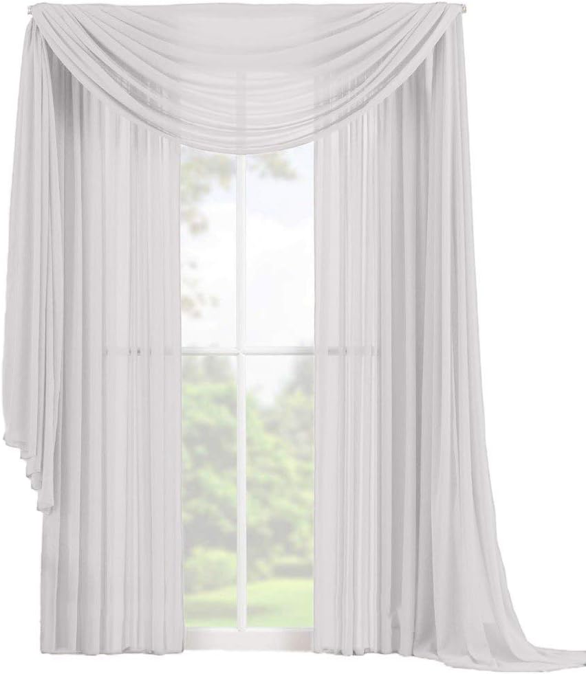 Decotex 3 Piece Elegant Sheer Voile Window Curtain Panel Drape Set Includes 2 Panels and 1 Matching Scarf (63" Length, White) 63" Length White