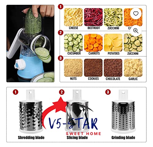 Rotary Cheese Grater V5-Star, Kitchen Mandoline Vegetable Slicer With 3 Interchangeable Blades, Stainless Steel Easy-To-Clean Rotary Grater Slicer For Fruits, Nuts, Plus A Silicone Potato Peeler #TOP3