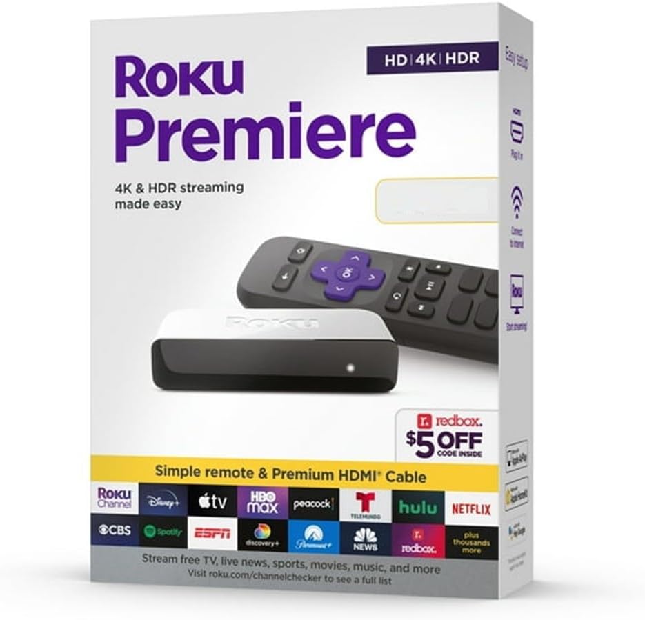 Premiere Streaming Media Player HD/4K/HDR Simple Remote and Premium HDMI Cable, Black & Bundle Swanky Cables HDMI Cable, 3920R