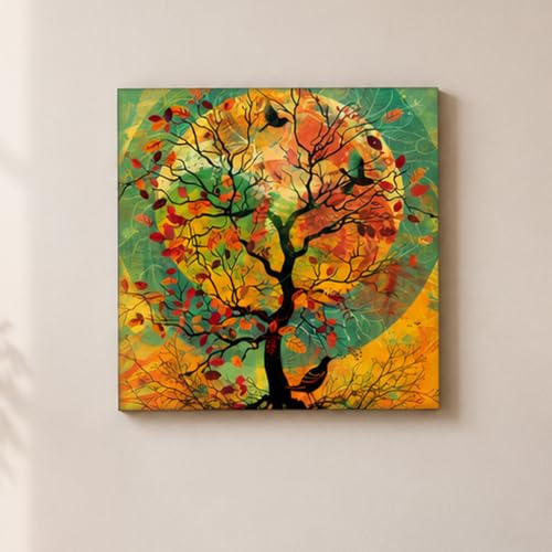 Image of PAINTINGMANTRA Sun Tree Birds Stretched Canvas Painting for Living Room | Nature Tree Silhouette Wall Decor Art For Livingroom, Bedroom, Office, Hallways - 16x16 Inch