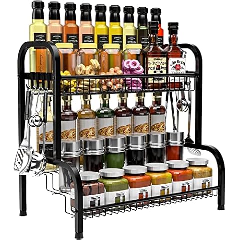 CHARMDI Spice Racks,4-Tier Large Spice Herb Jars Organizer,Free Standing Spice Organizer Rack for Spice Bottles, Glass Jars Cupboard Kitchen Stainless Steel Stepped Pantry Storage Holder (Black) Cover