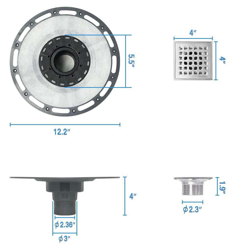 Neodrain Siphon de douche carré de 10,2 cm avec grille amovible, comprend une passoire à cheveux, une bride de liaison avec tissu anti-mèche