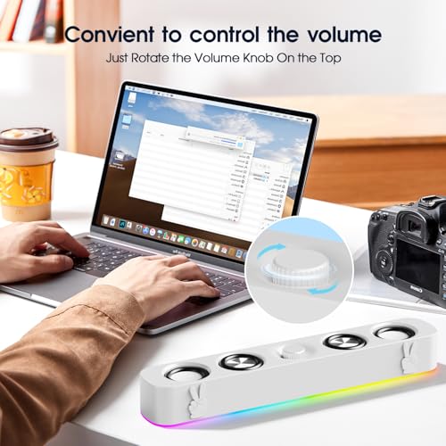 Uakinat USB Computer Speakers,Wired USB-Powered Bluetooth Computer Sound Bar with RGB & Volume Knob for PC Desktop Computer and Laptops(White)