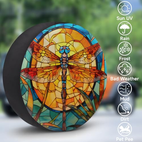Image of Spare Tire Cover Glass Dragonfly Wheel Covers Protectors Waterproof Dust-Proof Universal Fit Trailer, RV, SUV and Many Vehicle 15 inch