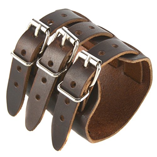 Hzman Dark Brown Leather Wide Triple Strap Cuff Wrap Gauntlet Wristband Buckle Fastening Arm Armor Cuff (Brown) #TOP2