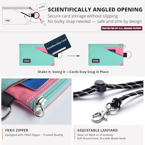 Image of RFID Blocking Travel Wallet with Adjustable Lanyard, Small Nylon Zipper Pouch and Badge Holder for ID, Credit Cards, Cash, Keys, Commuters (Mint Aqua+Pink)